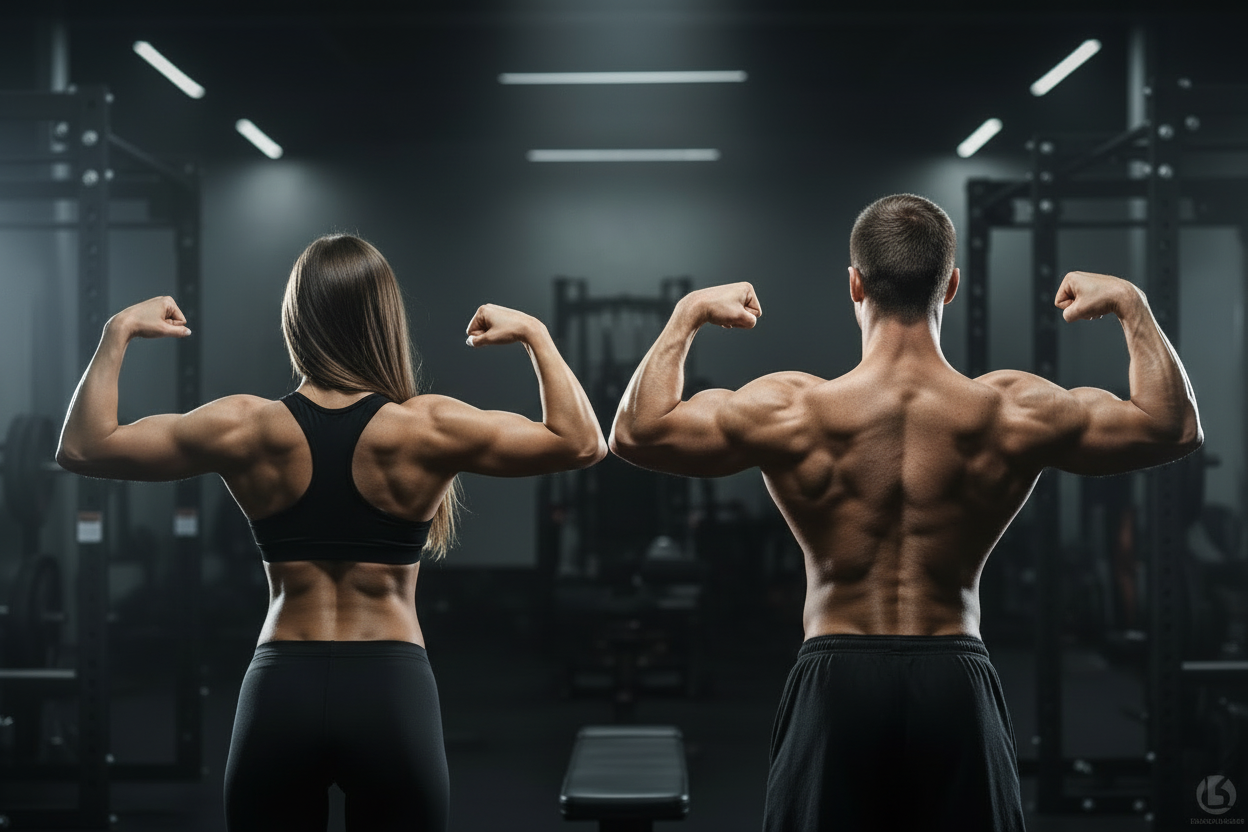 Banner fitness con pose de doble bíceps de espalda